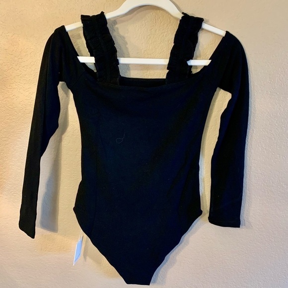 NWT Bodysuit XS MangoPop Black Long Sleeves Ruffled Straps Soft Stretchy - Picture 9 of 13
